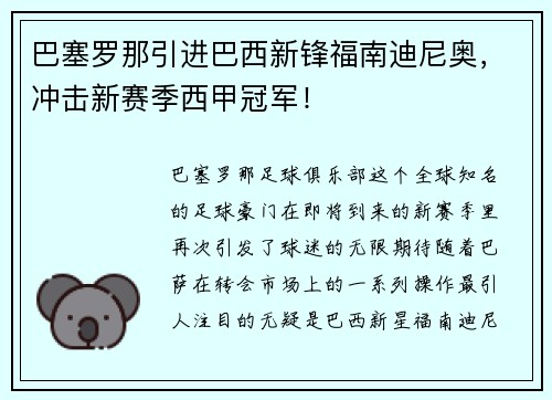 巴塞罗那引进巴西新锋福南迪尼奥，冲击新赛季西甲冠军！