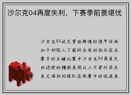 沙尔克04再度失利，下赛季前景堪忧