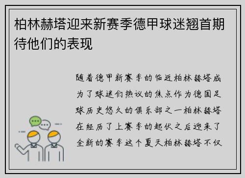 柏林赫塔迎来新赛季德甲球迷翘首期待他们的表现