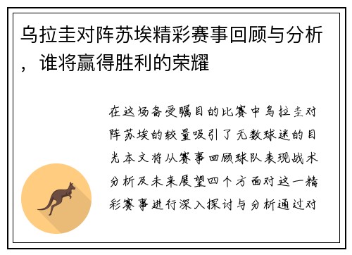 乌拉圭对阵苏埃精彩赛事回顾与分析，谁将赢得胜利的荣耀
