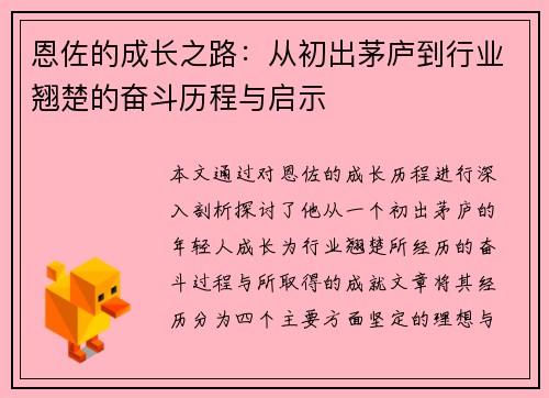 恩佐的成长之路：从初出茅庐到行业翘楚的奋斗历程与启示