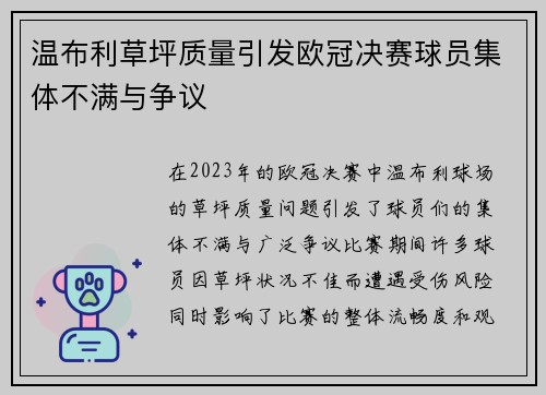 温布利草坪质量引发欧冠决赛球员集体不满与争议