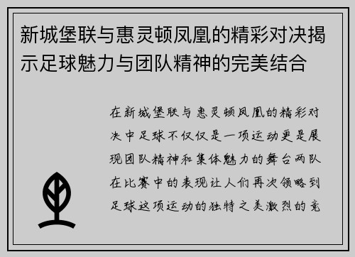新城堡联与惠灵顿凤凰的精彩对决揭示足球魅力与团队精神的完美结合