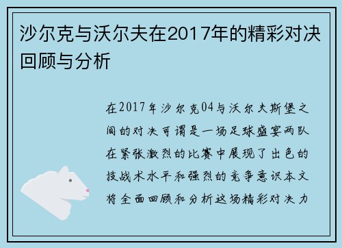 沙尔克与沃尔夫在2017年的精彩对决回顾与分析