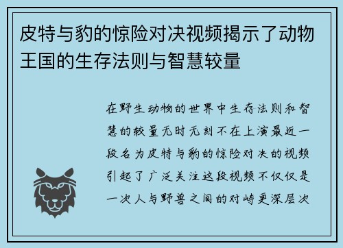 皮特与豹的惊险对决视频揭示了动物王国的生存法则与智慧较量