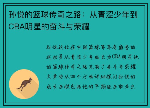 孙悦的篮球传奇之路：从青涩少年到CBA明星的奋斗与荣耀