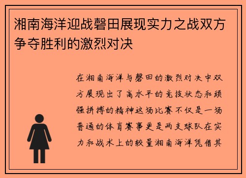 湘南海洋迎战磬田展现实力之战双方争夺胜利的激烈对决