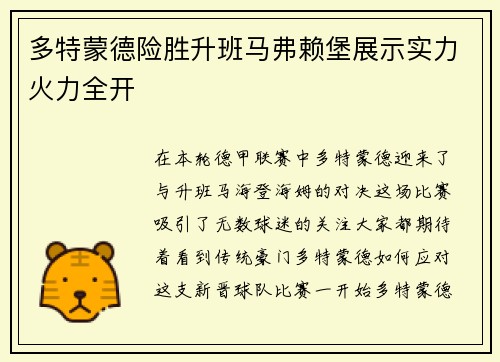 多特蒙德险胜升班马弗赖堡展示实力火力全开