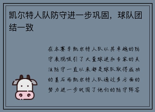 凯尔特人队防守进一步巩固，球队团结一致