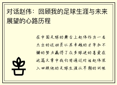 对话赵伟：回顾我的足球生涯与未来展望的心路历程