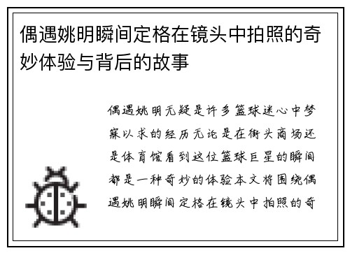 偶遇姚明瞬间定格在镜头中拍照的奇妙体验与背后的故事