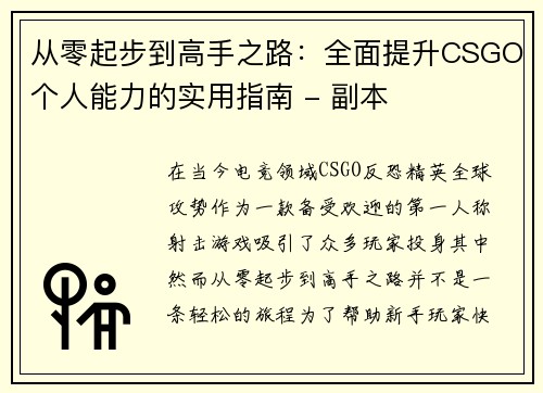 从零起步到高手之路：全面提升CSGO个人能力的实用指南 - 副本
