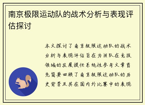 南京极限运动队的战术分析与表现评估探讨