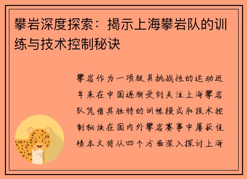 攀岩深度探索：揭示上海攀岩队的训练与技术控制秘诀