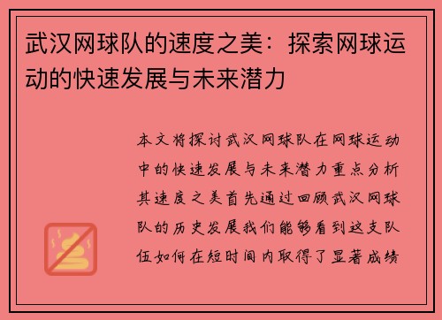 武汉网球队的速度之美：探索网球运动的快速发展与未来潜力